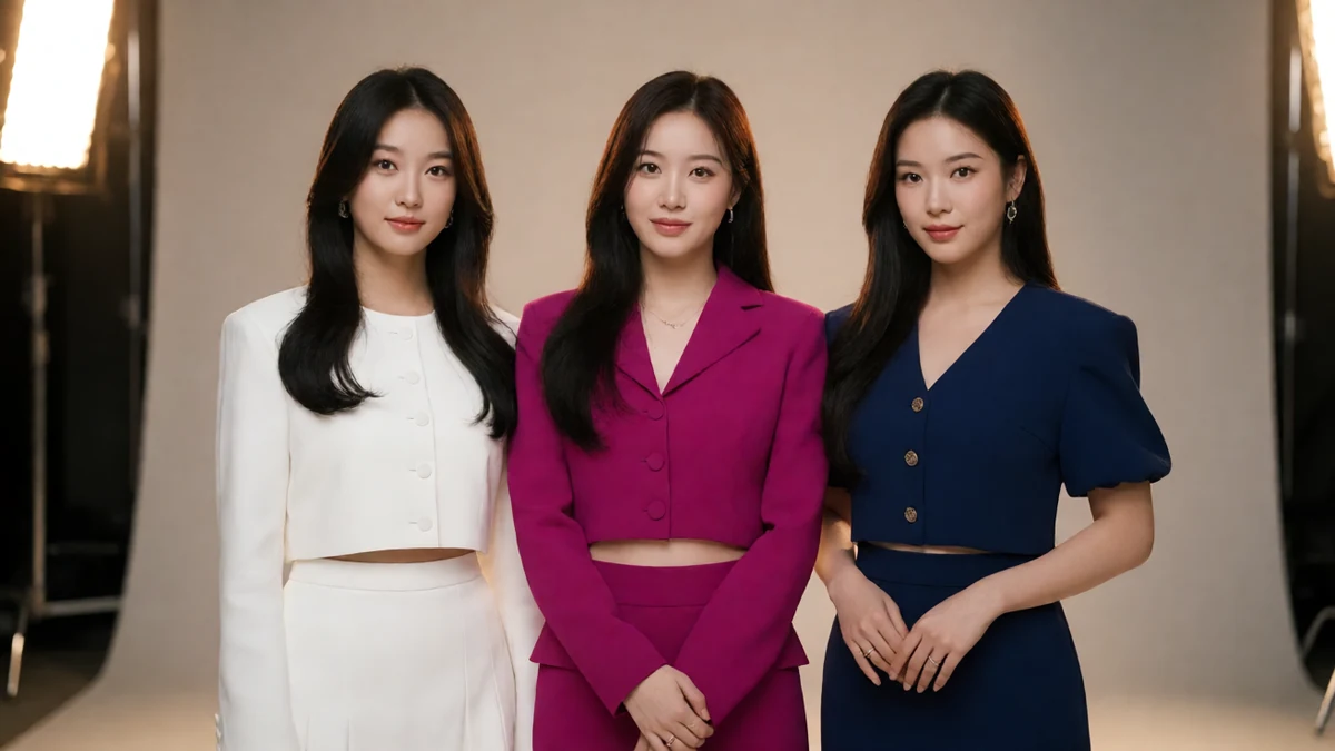 三名虚构成年东亚女演员穿白色、玫红与海军蓝舞台服装,在现代影视摄影棚居中并肩站立