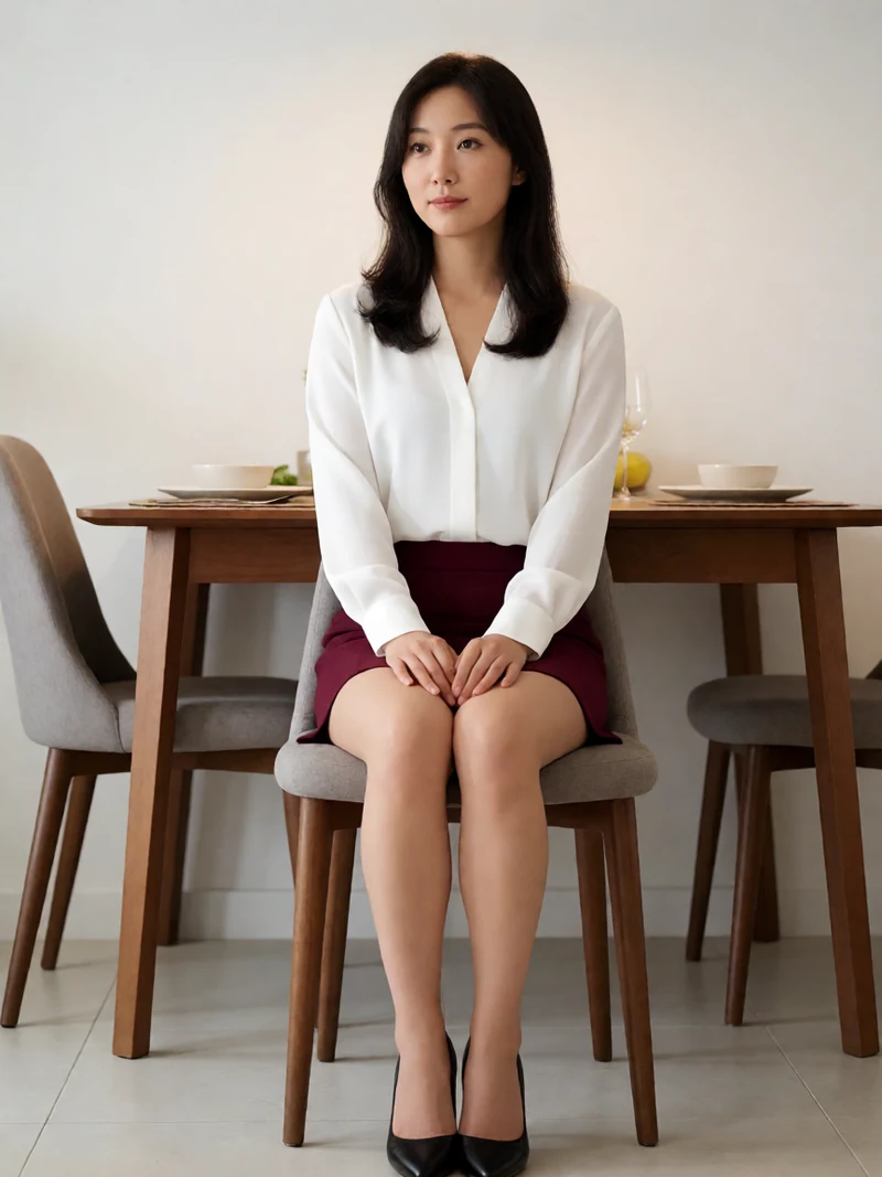 虚构成年女性穿白上衣酒红短裙坐在家中餐桌旁看着对面空椅