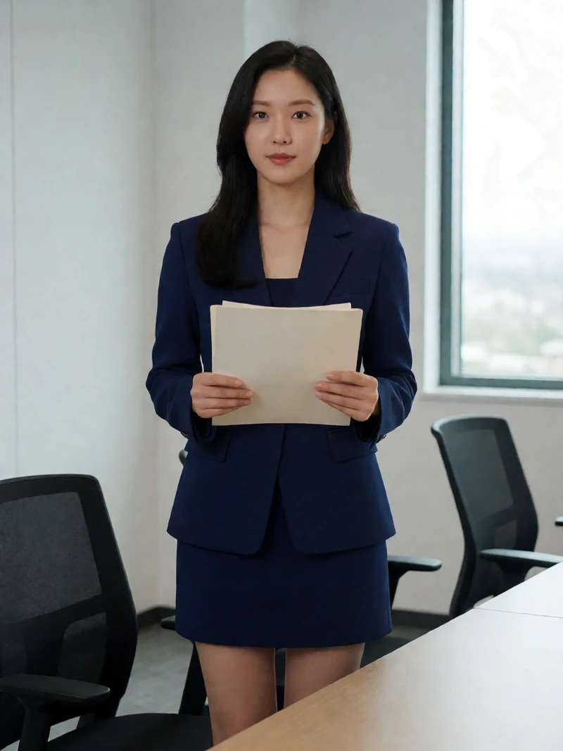 虚构成年女性穿深蓝短裙套装在散场会议室拿着文件